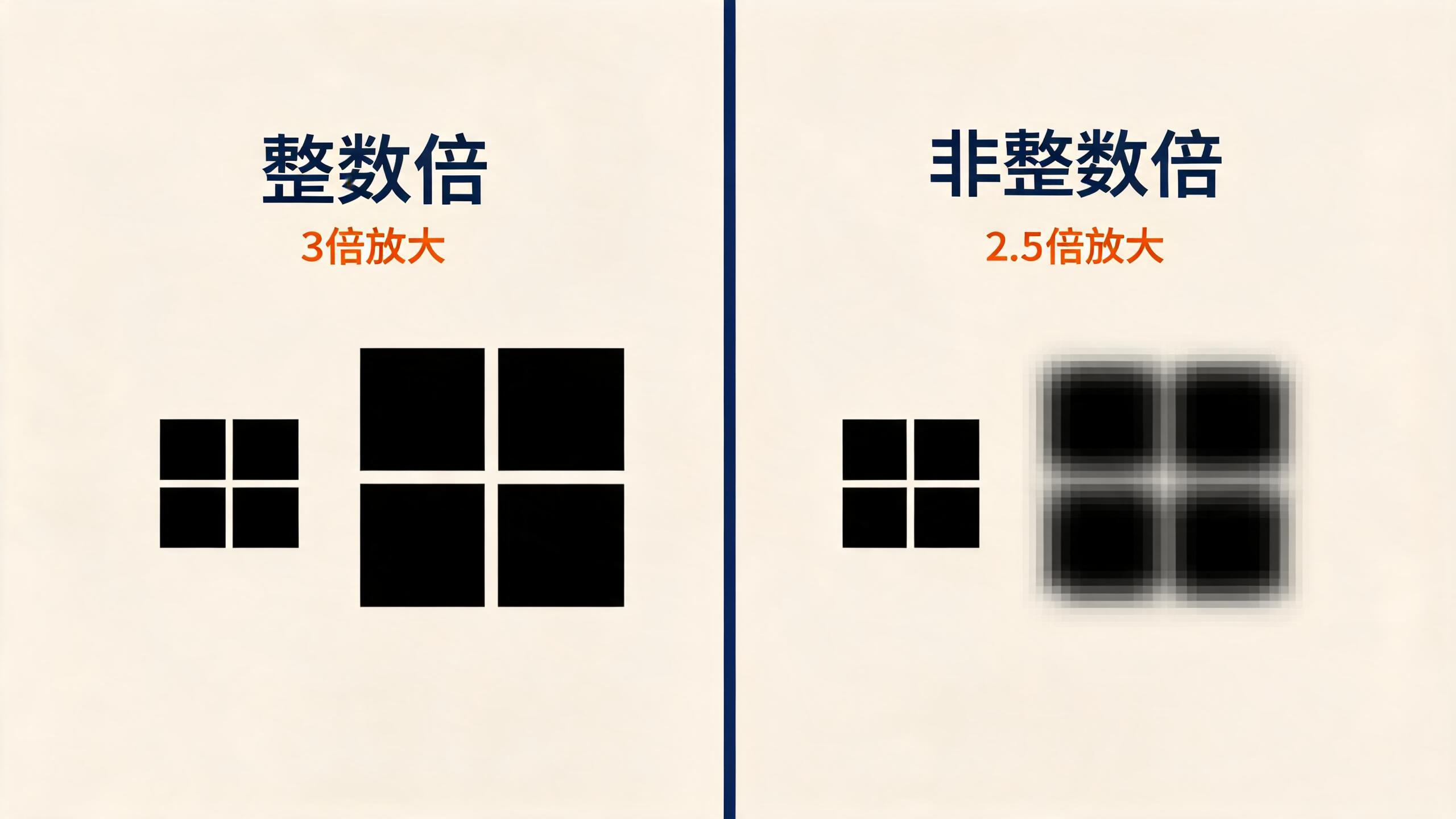 整数倍放大锐利，非整数倍放大发虚
